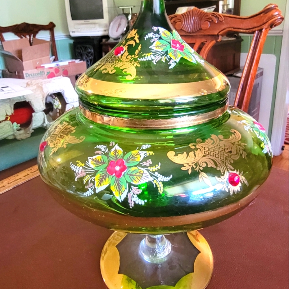 Vintage CZECH BOHEMIA Glass Decorative Jar with Floral Design